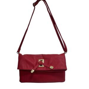 Sondra Roberts Squared Red Foldover Clutch Crossbody Leopard Lining